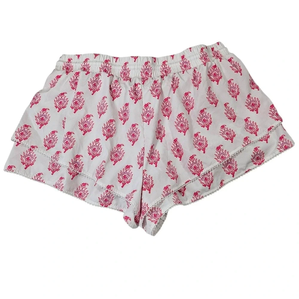Roller Rabbit Amanda Pink Bouquet Print Ruffle Shorts Embroidered Trim Large Lg‎